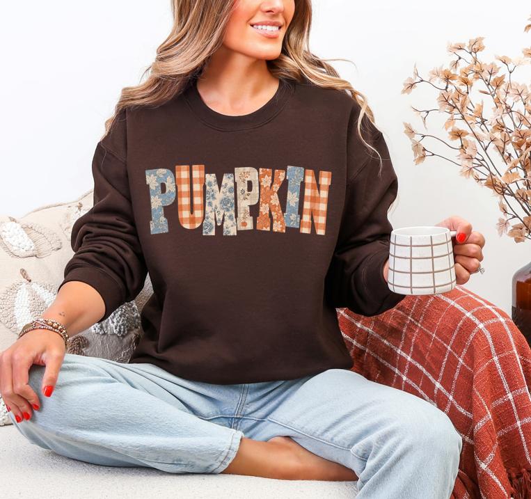 Women's Pumpkin Letters Word Crewneck Sweatshirt- Cozy and Comfortable - Perfect for Fall Sweatshirt - Gildan 18000 Crewneck Fall Sweatshirt - Fall Outings Sweatshirt - Pumpkin Word Sweatshirt - Small - XXL