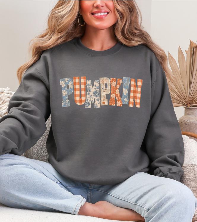 Women's Pumpkin Letters Word Crewneck Sweatshirt- Cozy and Comfortable - Perfect for Fall Sweatshirt - Gildan 18000 Crewneck Fall Sweatshirt - Fall Outings Sweatshirt - Pumpkin Word Sweatshirt - Small - XXL
