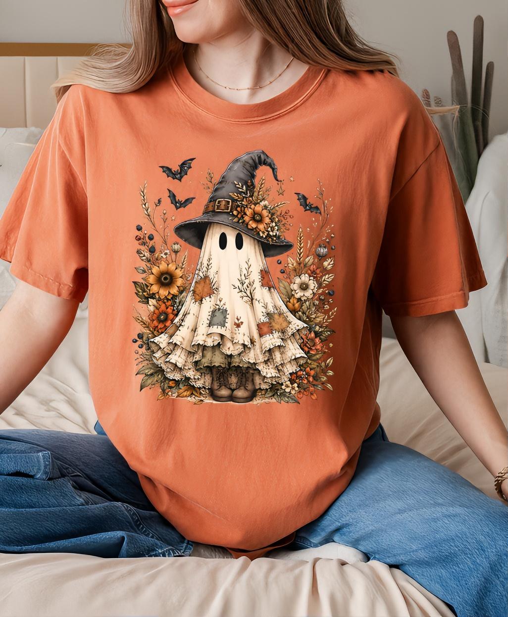 Comfort Colors 1717 Shirt for Women from Small to XXL,  Halloween Ghost Floral Shirt, Ghost with Shirt,  Womenswear