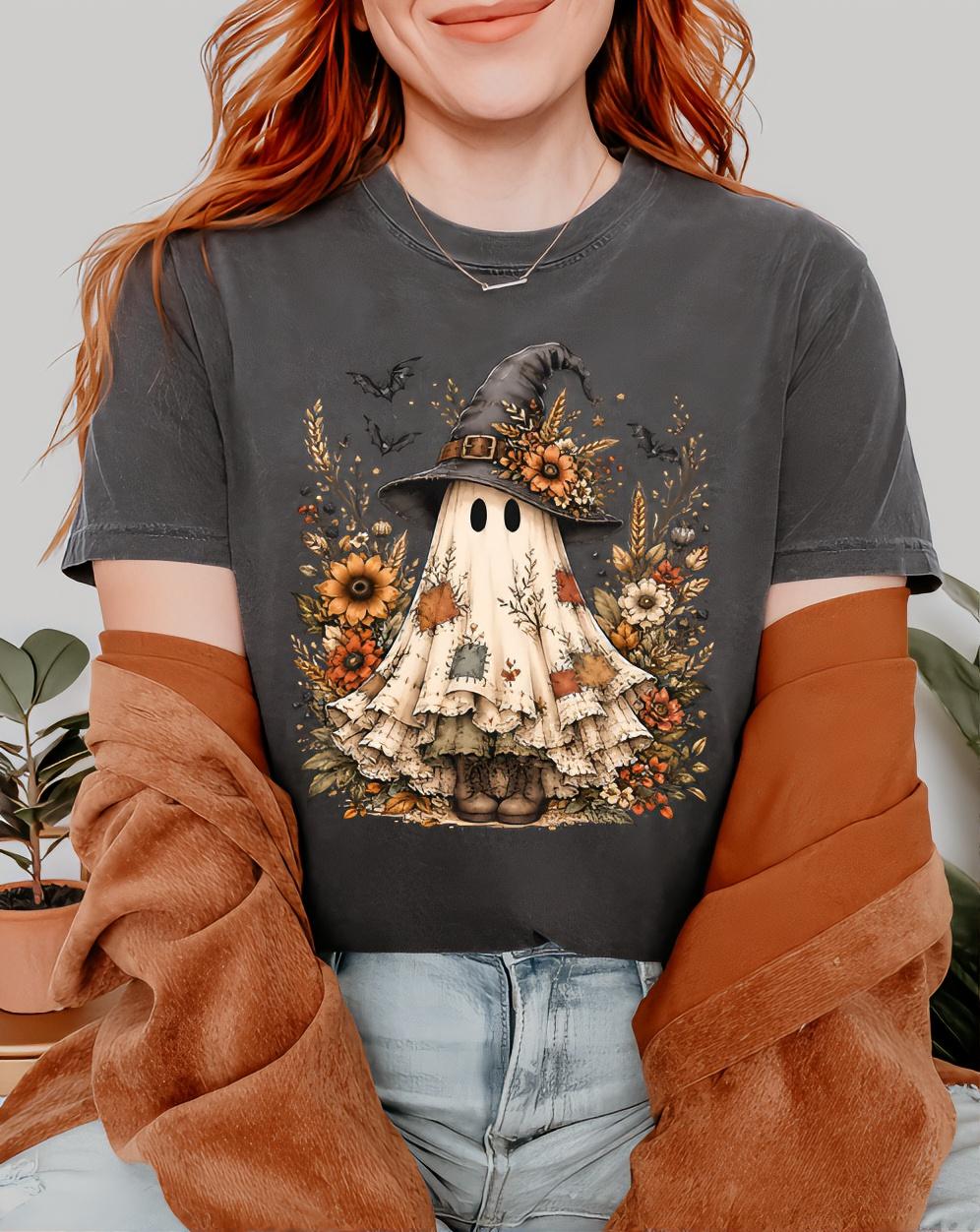 Comfort Colors 1717 Shirt for Women from Small to XXL,  Halloween Ghost Floral Shirt, Ghost with Shirt,  Womenswear