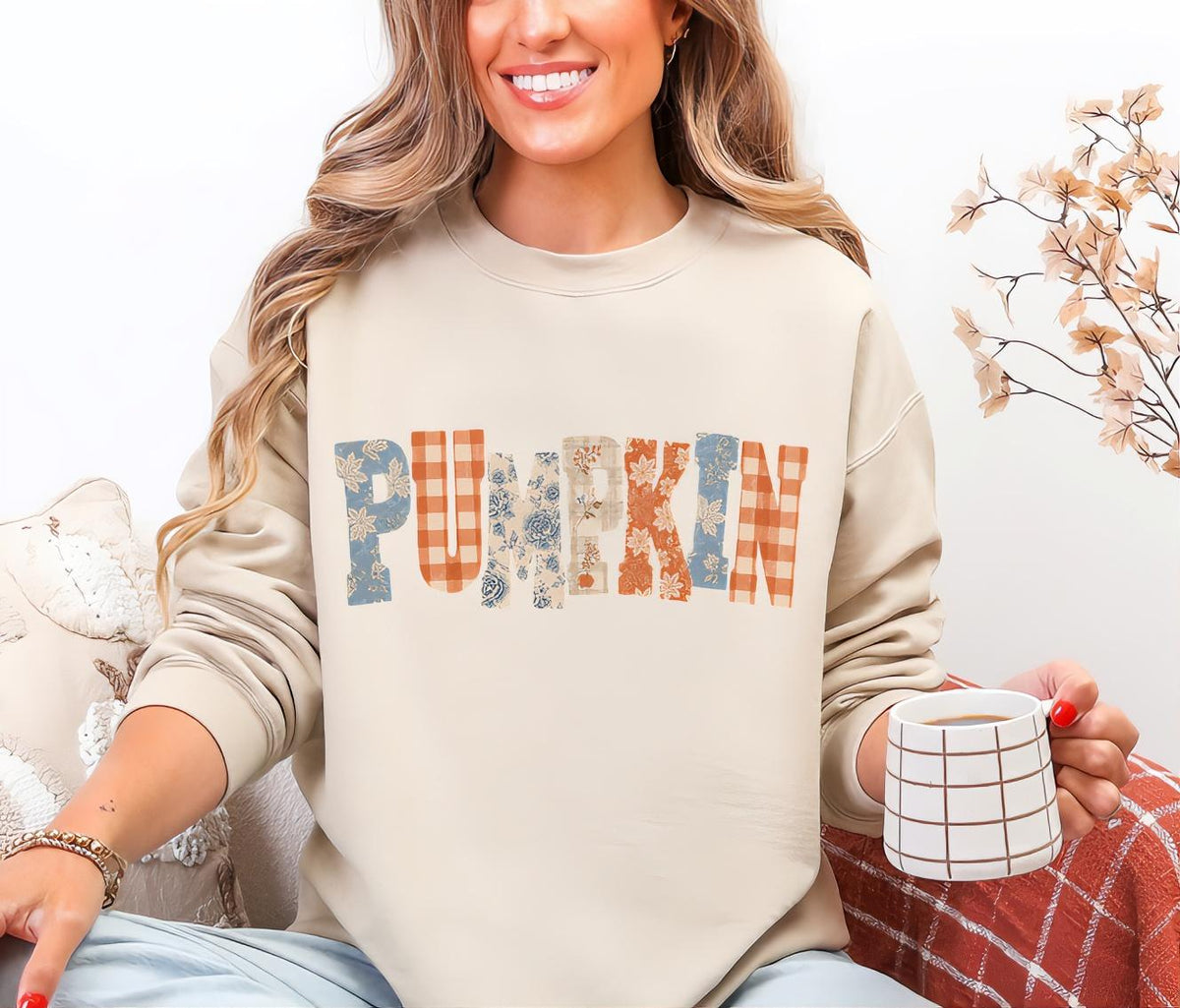 Women's Pumpkin Letters Word Crewneck Sweatshirt- Cozy and Comfortable - Perfect for Fall Sweatshirt - Gildan 18000 Crewneck Fall Sweatshirt - Fall Outings Sweatshirt - Pumpkin Word Sweatshirt - Small - XXL