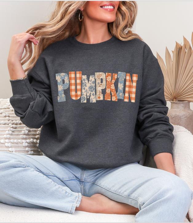 Women's Pumpkin Letters Word Crewneck Sweatshirt- Cozy and Comfortable - Perfect for Fall Sweatshirt - Gildan 18000 Crewneck Fall Sweatshirt - Fall Outings Sweatshirt - Pumpkin Word Sweatshirt - Small - XXL